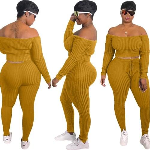 Echoine Sexy Off Shoulder Ribbed Crop Top and Legging Pants Two Piece Set Skinny Fitness Tracksuits Shirts Tops Stretchy Pants
