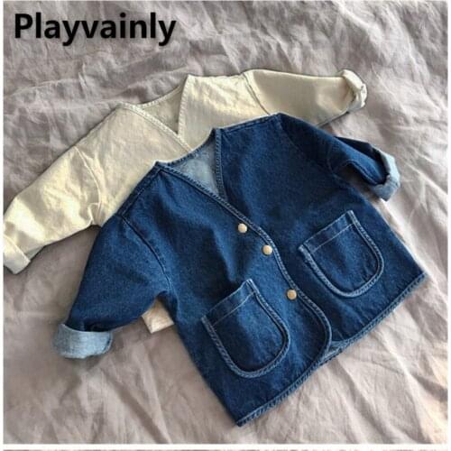 2021 Korean Style New Autumn Boys Girls Jackets Beige Blue Denim Long Sleeve Pocket V-neck Casual Coats Kids Clothes E215