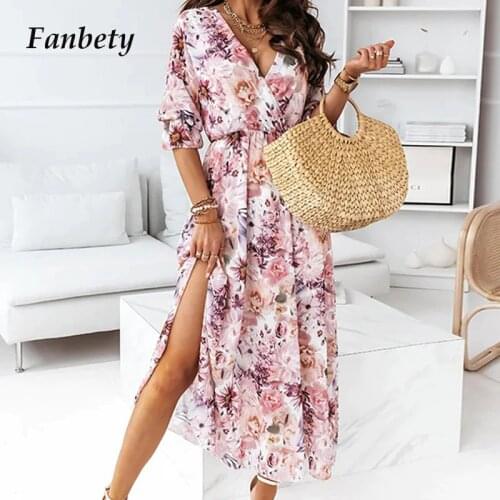 Fashion Floral Print Cross V Neck Dress Women Elegant Slim Elastic Waist Long Party Dress Casual Short Sleeve Sexy Split Dresses