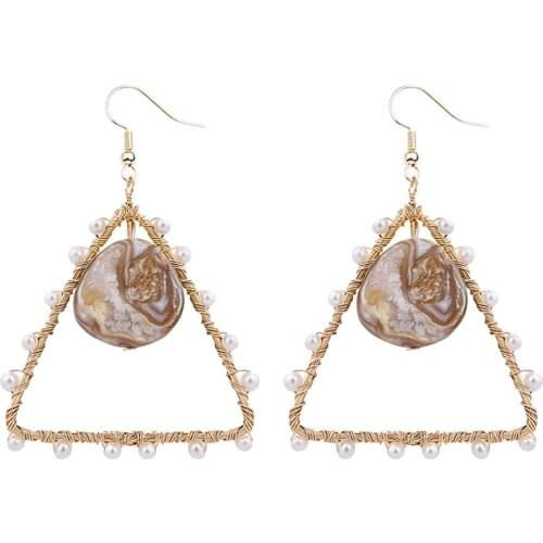 Fashion Women Creative Faux Pearl Inlaid Braided Hollow Geometric Triangle Dangle Hook Hanging Drop Earrings Statement Jewerly