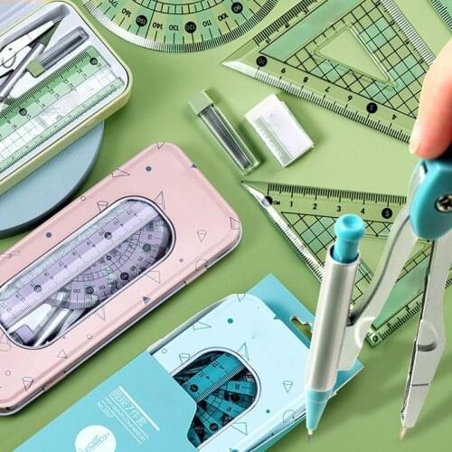 8pcs/set School Maths Geometry Compass Ruler Eraser Rubber Protector Square Keepsake Tin Case Set for Kids Children