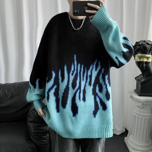 2021 new hip-hop flame sweater womens Y2K knitted sweater pullover streetwear couple fashion casual pullover top coat womens