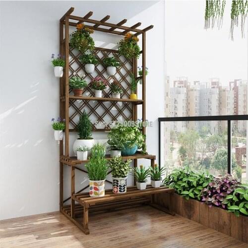 Outdoor solid wood courtyard balcony flower stand shelf anti-corrosion wood floor type flower shelf multi-layer outdoor flower p