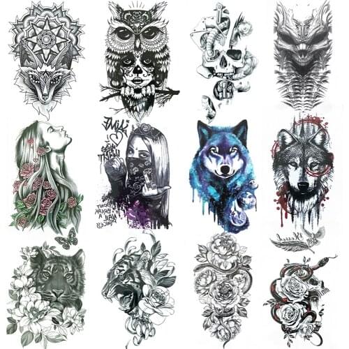Realistic Wolf Fake Tattoos For Women Men Children Fox Owl Skull Snake Temporary Tattoo Sticker Colorful Disposable Tatoos