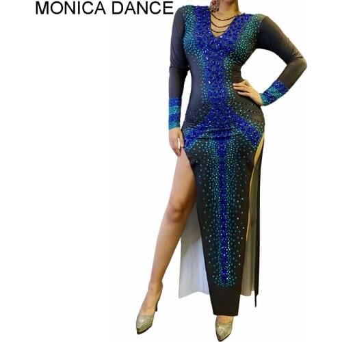 Sexy Stage Sparkling Blue Rhinestone Dress Sexy Wrap Hip Long Sleeve Prom Dress Ladies Evening Costume Celebrate Host Outfit