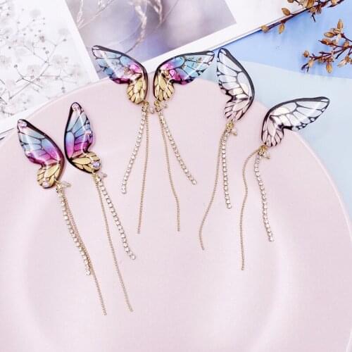 Minar Multiple Rainbow Gradient Butterfly Long Drop Earrings for Women Fantasy Sequined Rhinestone Cicada Wings Tassel Earrings