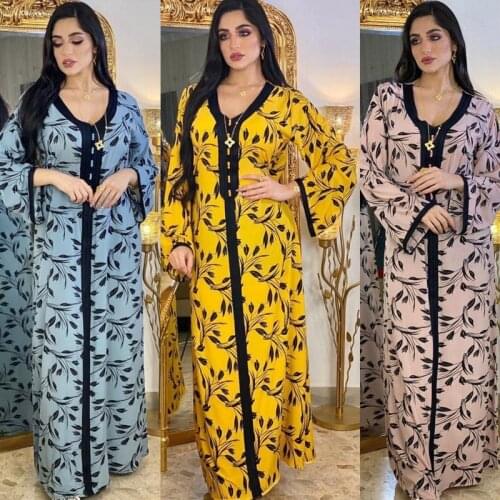 Middle East Ramadan Printed Long Floral Dress Dubai Muslim Womens Wear