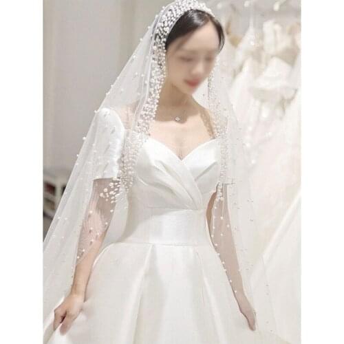 Romantic 3m Trailing Cathedral Wedding Veil One-Layer Mesh Face Cover Imitation Pearl Beading Jewelry Bridal Headpiece