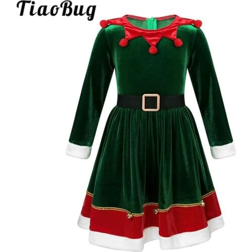 TiaoBug Kids Girls Soft Velvet Long Sleeve Clown Collar Christmas Dress Dancewear Children Carnival Cosplay Xmas Elf Costume