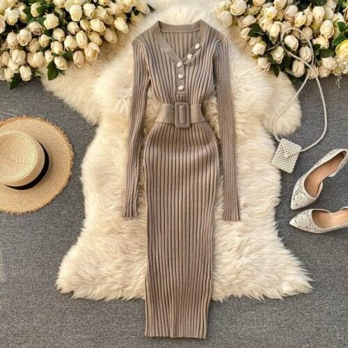 Knitted Dress Elastic Long sleeve Bodycon elegant Women 2021 Autumn and Winter Sexy V-Neck Button Party Slim Dresses