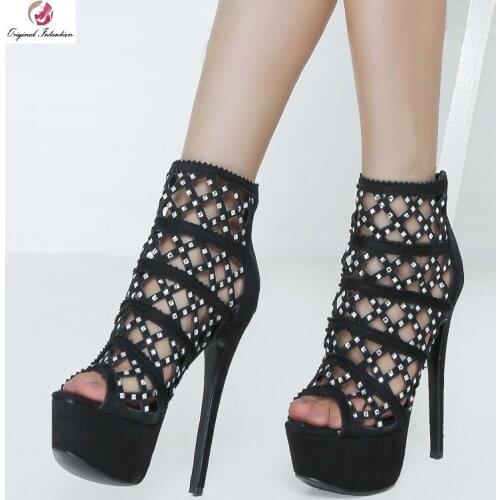 Women Pumps Sandals Fashion Platform Flock Mesh Rhinestones Party Wedding Shoes Woman Elegant High Thin Heels Plus Size 34-52