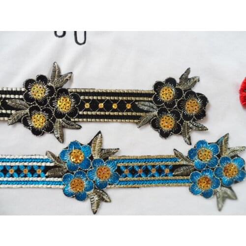 Iron on Flower Patch applique Gold embroidery fabric applique patches silver sequins trimming tape