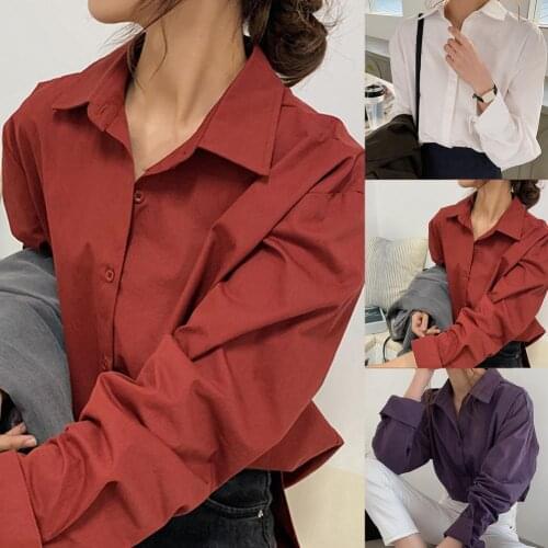 Women Solid Color All-matched Buttons Shirt Cotton Turn Down Collar Shirt