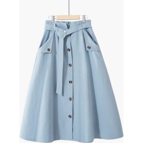 Women Vintage Waist High Skirt 2020 New Summer Ladies Solid All Match Single Breasted Slim A-line Medium Long Skirts Harajuku