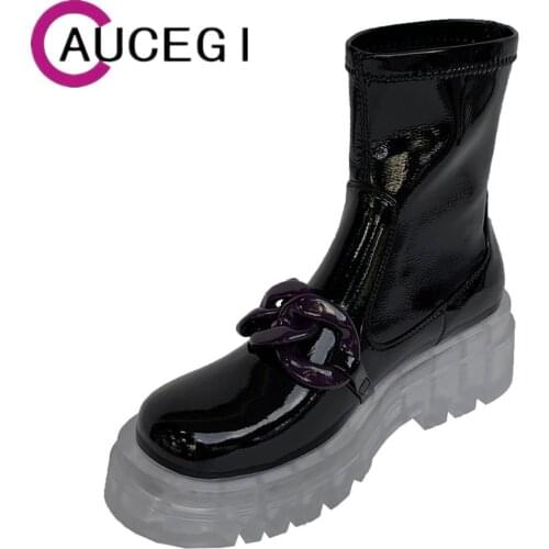 Aucegi Chain Design Women Ankle Boots Elastic Leather Band Platform Rubber Thick Bottom Chunky Round Toe Autumn Casual Shoes