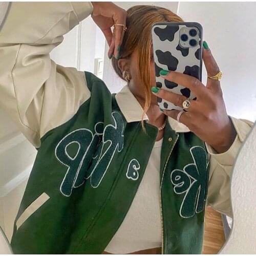 Women Letter Jackets American Streetwear College Style Turn Down Collar Loose Tops Harajuku Oversized Baseball Uniform