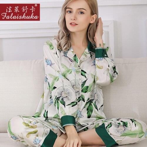 Fresh sweet green 100% natural silk pajamas sets women sleepwear elegant long sleeves noble pure silk womens pyjamas T8214