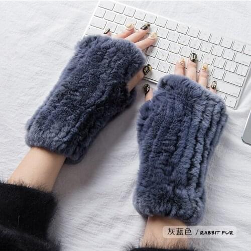 Womens Real Rex Rabbit Fur Fingerless Gloves Hand-Woven Winter Warm Mittens For Girls