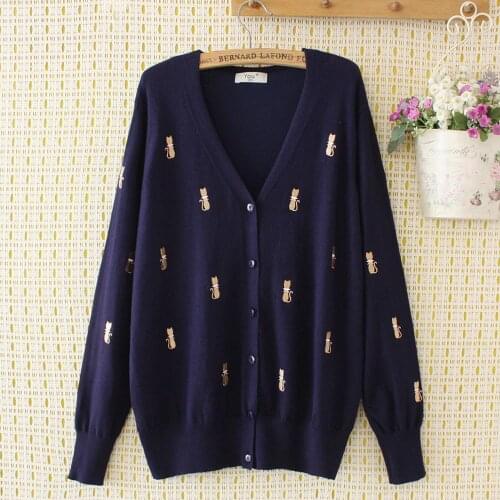Plus size navy cat Embroidery V-neck wool women loose sweater jackets 2020 new winter casual ladies knitted Cardigans top female