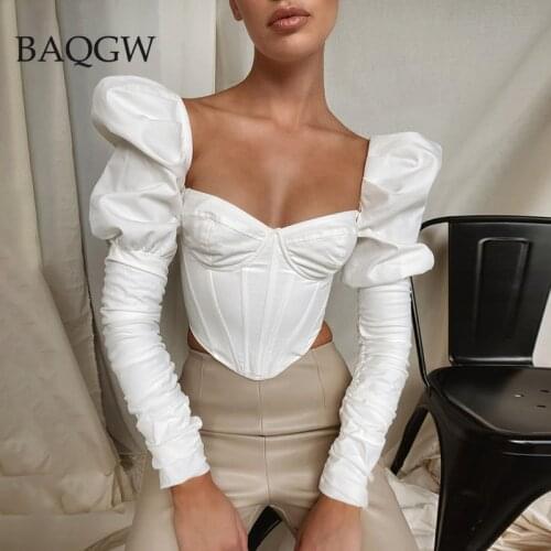 Autum Puff Long Sleeve Square Collar Vintage Corset Women Sexy Tops Party Club Blouse Shirt Elegant White Black Shirts Blusas