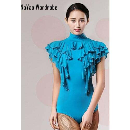 2021 New 1703 Women Latin Dance Bodysuit High Neck Lotus Design Latin Dancing Tops for Samba Tango Chacha Belly Performamnce