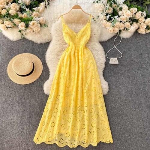2021 New Sexy Hollow Out Spaghetti Strap Long Dress Summer Women Vintage High Waist Deep V-Neck Yellow/Pink/White Beach Robe
