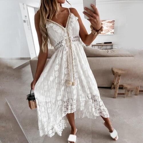 Summer Fashion Maxi See Though Deep V Neck Sexy Shopping Dress Hollow Out Lace Women Spaghetti Strap Large Hem Dating Dresses