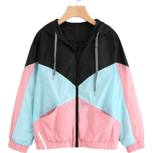 Women Long Sleeve Zipper Pockets Casual Sport Coat multi Color cut and sew windbreaker with hood Color block Coats