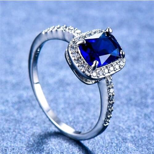 Cute Female Blue Sapphire Stone Ring 100% Real 925 Sterling Silver Engagement Ring Vintage Wedding Rings For Women