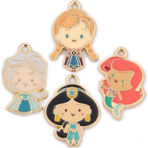 Cute Girl Princess Enamel Alloy Charms 10pcs Gold Tone Plated Metal Drop Oil Ornament Accessories Necklace Pendant Charms Craft