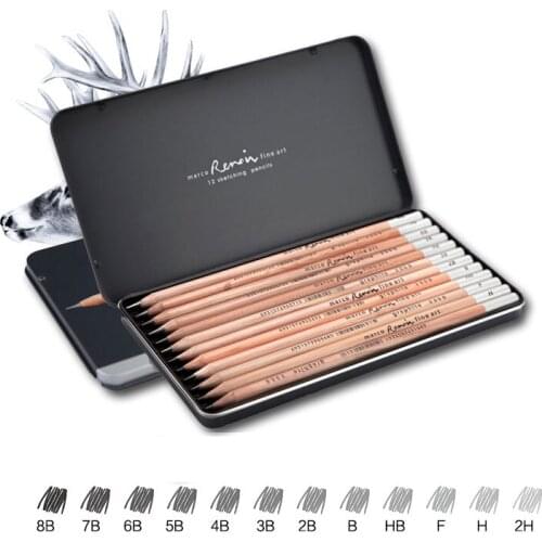 12pcs Marco Raffine Standard Pencils Sketching Pencil Tin Box Graphite Core Wooden Pencil Art Set Student Artist