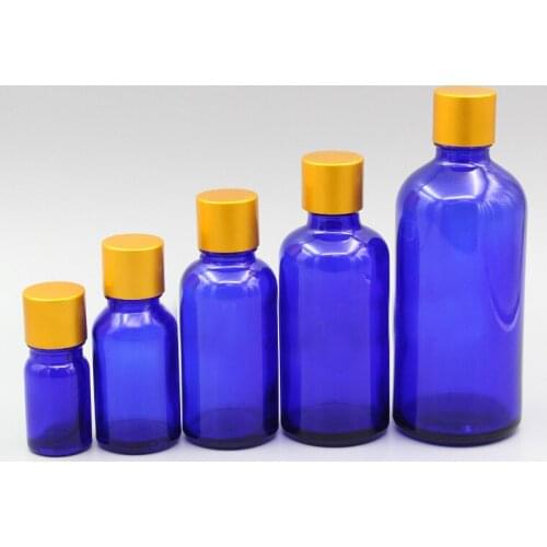 2/10pcs 5ml 10ml 15ml 20ml 30ml 50ml 100ml Empty Blue Glass Essential Oil Bottles with Matt Gold Aluminum Screw Cover Cap Lid