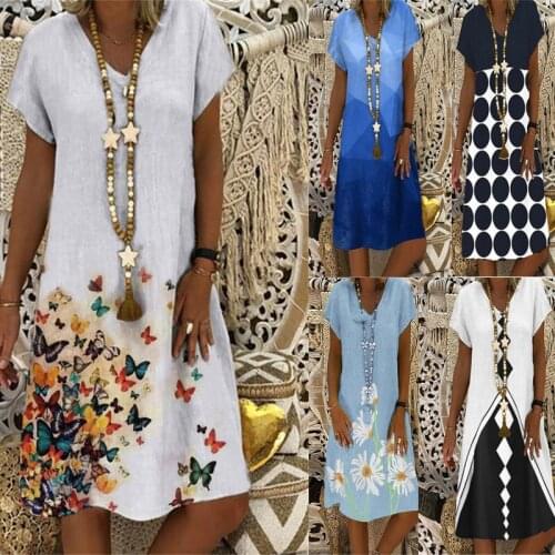2021 Summer Printing Loose Casual Fashion Bamboo Fiber Linen Floral Short-sleeved Female Retro V-neck A-LINE Ladies Dress