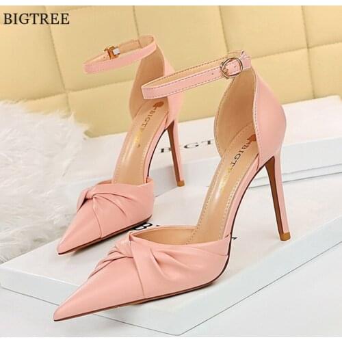 Women Pointy Toe Back Bowtie Elegant Sandals Summer Sequined Cloth Shallow Hollow Buckle Stiletto Heels Shoes Ladies Dress Party