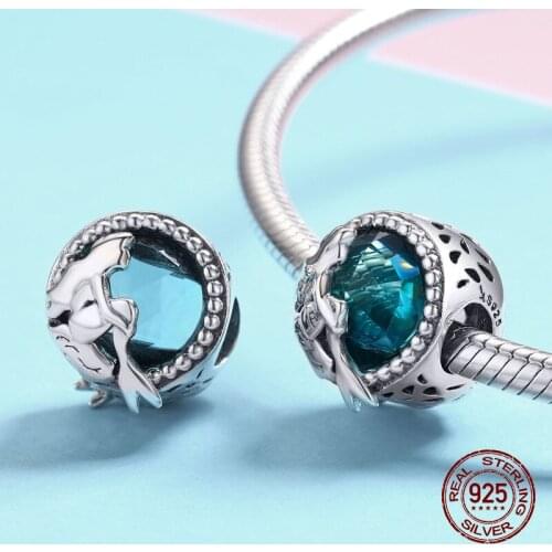 Auffik Genuine 925 sterling silver blue glass crystal mermaid charm beads fit original Pandora bracelet jewelry making