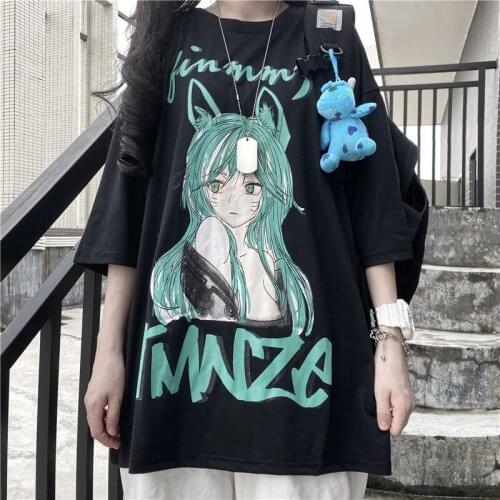 Black Kawaii Tshirt Streetwear Amine Cartoon T Shirt Funny Girl Harajuku Japan Gothic High Street Casual Gothic Tshirt Female