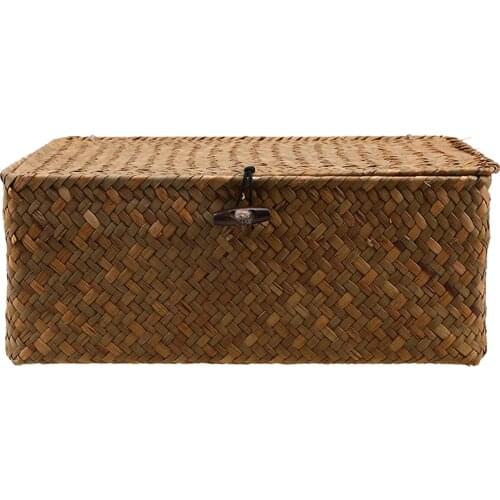 Retro Seagrass Woven Wicker Basket with Lid, Rustic Natural Brown Finish, Decorative Accent or Storage
