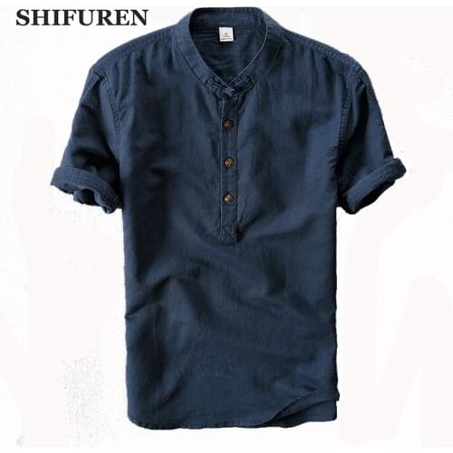 SHIFUREN New Summer Causal Men Linen Cotton Shirts Short Sleeve Chinese Mandarin Collar Soft Breathable Dress Shirts