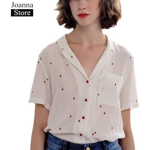 Summer New 100%Silk Printing Short Shirt Women Short Sleeve Lapel Single-Breasted Elegant Blouse White Plus Size Casual Clothes