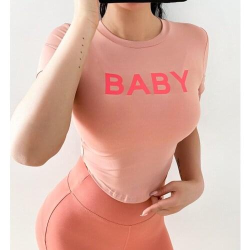 Women Sports T-Shirts Yoga Short Sleeve Tops Gym Clothing Female Sportswear Letters Printed Shirts Quick-Dry Elastic Tights Tops