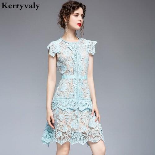 Summer Blue Irregular Water Soluble Lace Dress Women Clothes 2021 Sweet Gothic Casual Short Party Dress Robe Femme K6939