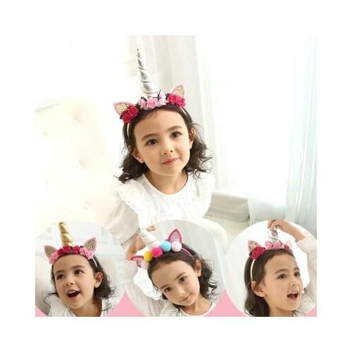 2018 latest pop Girls Unicorn Hairband Kids Tiara Party Flower Gold Glittery Beautiful Kids Bows Hair Accessories Hair band 1ps