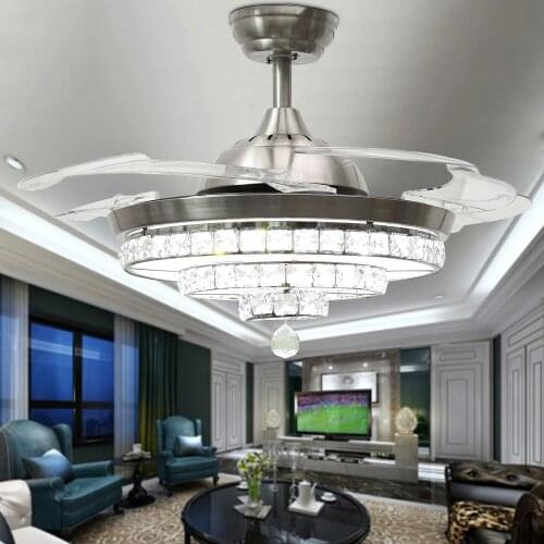 42 Inch Invisible Crystal Ceiling Fan with LED Light and Remote, 4 Retractable ABS Blades Fan Chandelier for Bedroom Diningroom