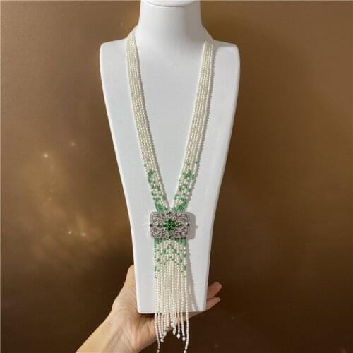 5 rows 3-4 mm rice freshwater cultured pearl green stone micro inlay zircon accessories tassel pendant sweater necklace