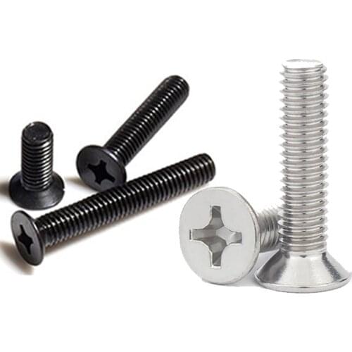 50pcs Mini Micro Small Black 304 Stainless steel Cross Phillips Flat Countersunk Head Screw Bolt M1 M1.2 M1.4 M1.6 M2 M2.5 M3 M4