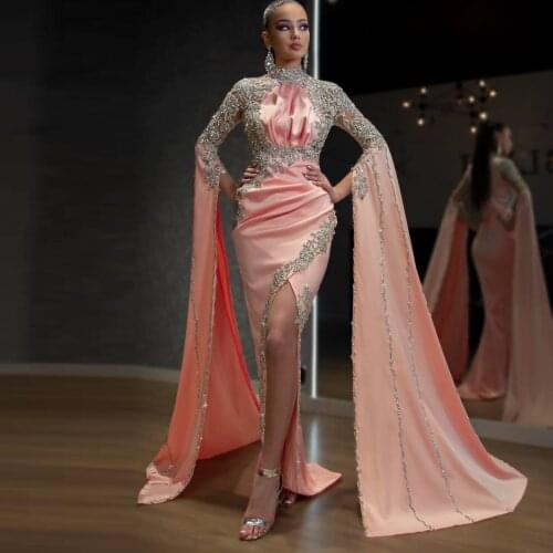 Abendkleider 2020 Elegant Crystal Mermaid Prom Dresses With Very Long Puff Sleeves Sexy Side Split Long Prom Gowns Dubai Gowns