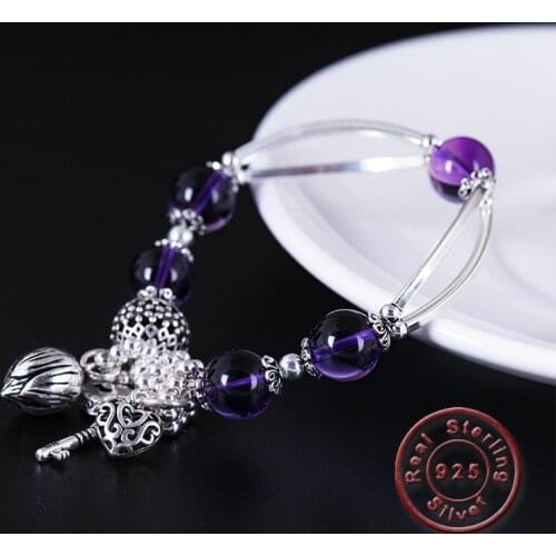 Amxiu DIY 925 Sterling Silver Bracelet Natural Purple Crystals Beads Bracelets Handmade Heart Lock Key Bracelet Charm Bangles