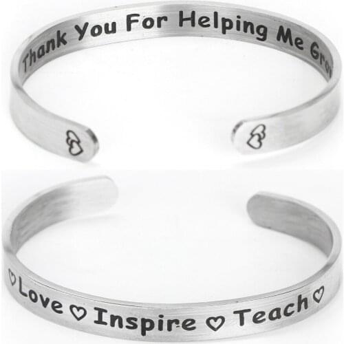 Thank You For Helping Me Grow Love Inspire Teach Cuff Bangle Engrave Stainless Steel Open Bracelet Heart Wristband Jewelry Gift