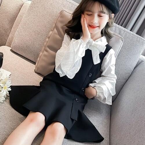 ChildrenS Clothing Sets Girls Spring Autumn 2021 New Middle School Big Bow Long Sleeve Shirt + Strap Dovetail Skirt 2Pcs Suits
