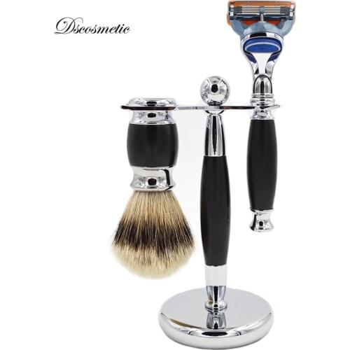 Mens Shaving brush Set silvertip Badger Hair Shaving Brush + Razor + Razor Stand Shaving Holder Male Salon Barber